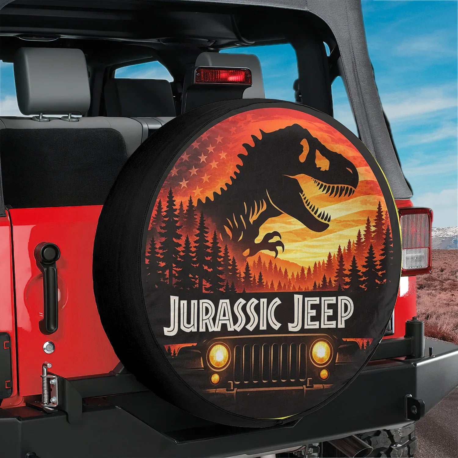 Jeep Wheel Cover Leather Spare Tire Cover – Jurassic Park Theme - PersonalizedFury