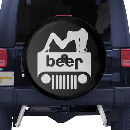 Custom Jeep Spare Tire Covers with beer logo and playful design for Jeep enthusiasts.