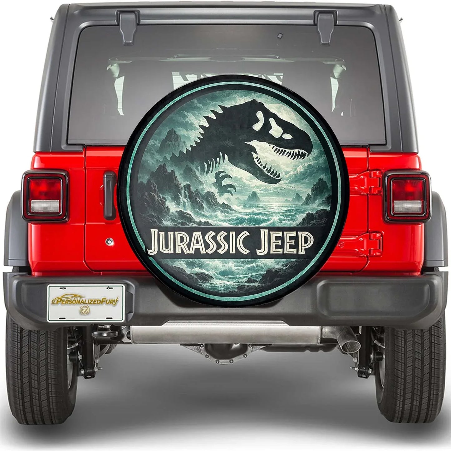 Jurassic Jeep Leather Spare Tire Cover - Dino Forest Silhouette Design - Car Accessories - PersonalizedFury