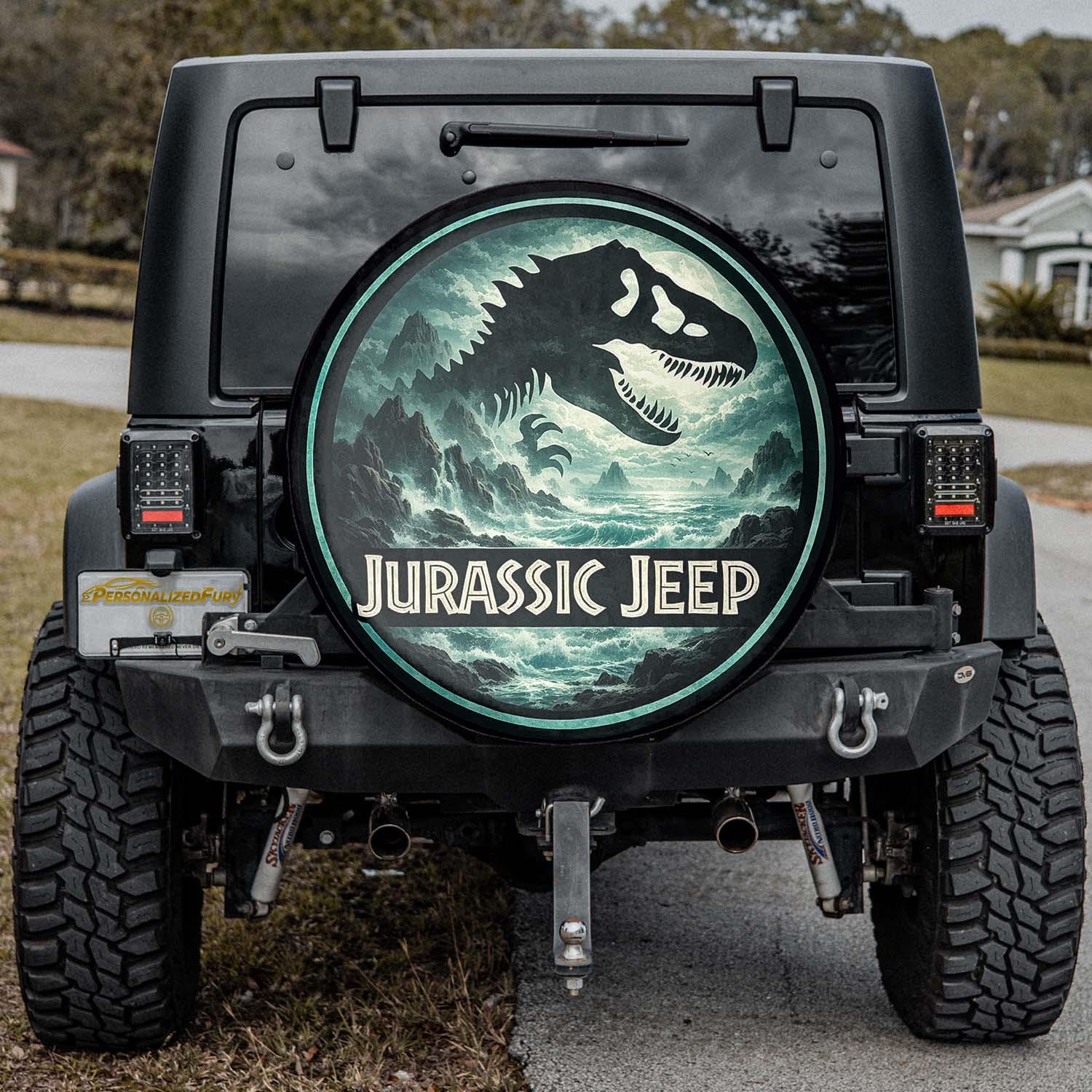 Jurassic Jeep Leather Spare Tire Cover - Dino Forest Silhouette Design - Car Accessories - PersonalizedFury