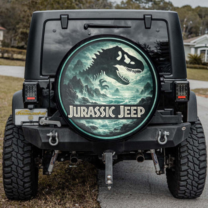 Jurassic Jeep Leather Spare Tire Cover - Dino Forest Silhouette Design - Car Accessories - PersonalizedFury