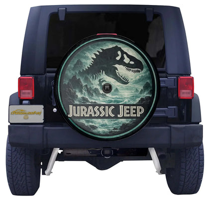Jurassic Jeep Leather Spare Tire Cover - Dino Forest Silhouette Design - Car Accessories - PersonalizedFury