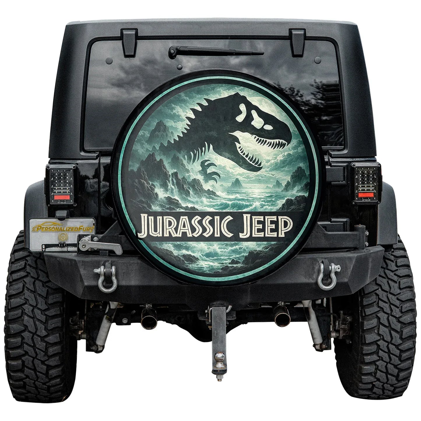 Jurassic Jeep Leather Spare Tire Cover - Dino Forest Silhouette Design - Car Accessories - PersonalizedFury