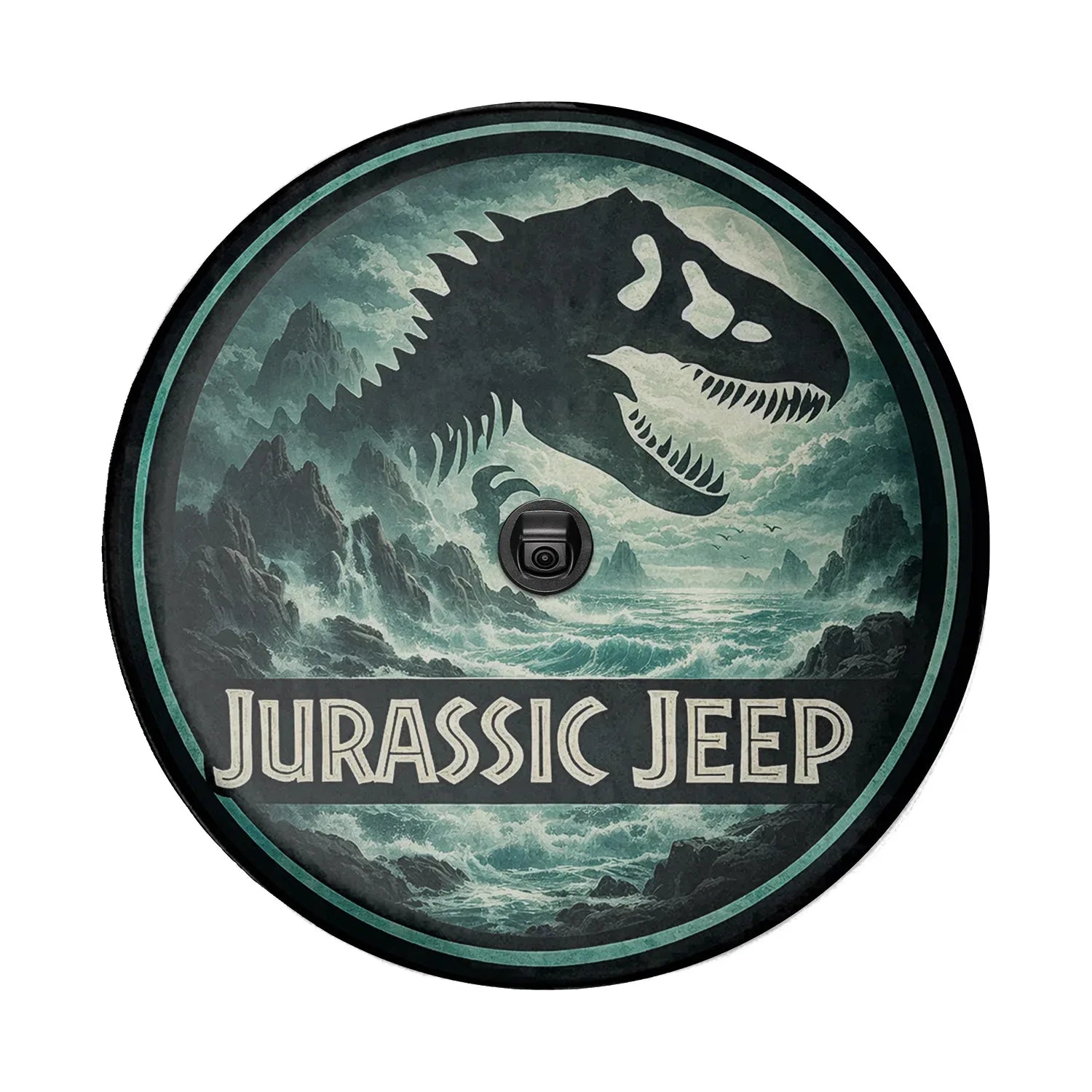 Jurassic Jeep Leather Spare Tire Cover - Dino Forest Silhouette Design - Car Accessories - PersonalizedFury