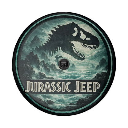 Jurassic Jeep Leather Spare Tire Cover - Dino Forest Silhouette Design - Car Accessories - PersonalizedFury