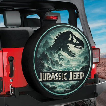 Jurassic Jeep Leather Spare Tire Cover - Dino Forest Silhouette Design - Car Accessories - PersonalizedFury