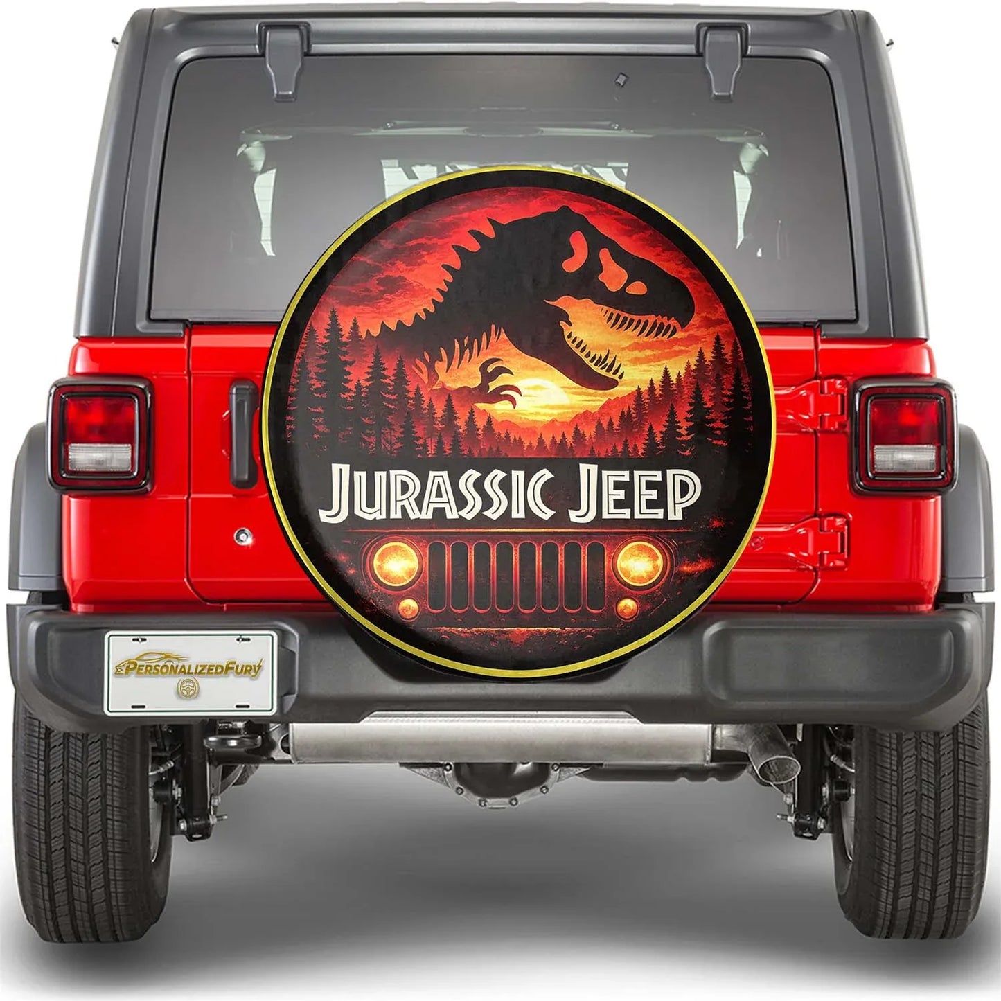 Jurassic Jeep Leather Spare Tire Cover - Dino Jeep Trail Design - Car Accessories - PersonalizedFury