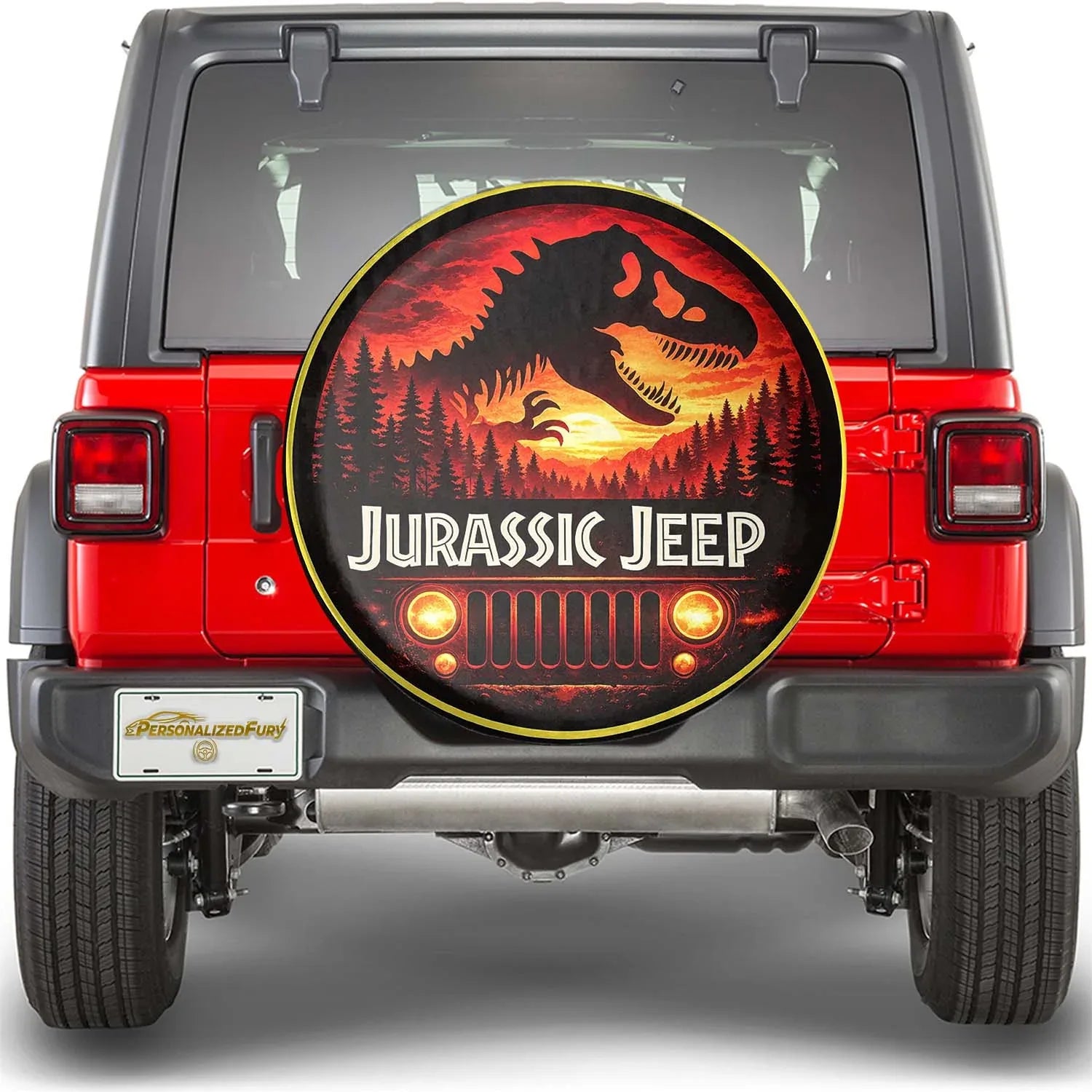 Jurassic Jeep Leather Spare Tire Cover - Dino Jeep Trail Design - Car Accessories - PersonalizedFury