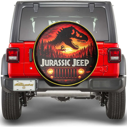 Jurassic Jeep Leather Spare Tire Cover - Dino Jeep Trail Design - Car Accessories - PersonalizedFury