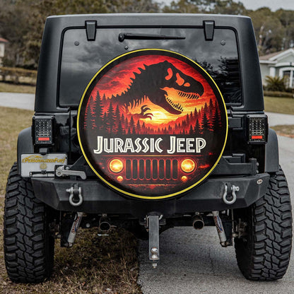 Jurassic Jeep Leather Spare Tire Cover - Dino Jeep Trail Design - Car Accessories - PersonalizedFury
