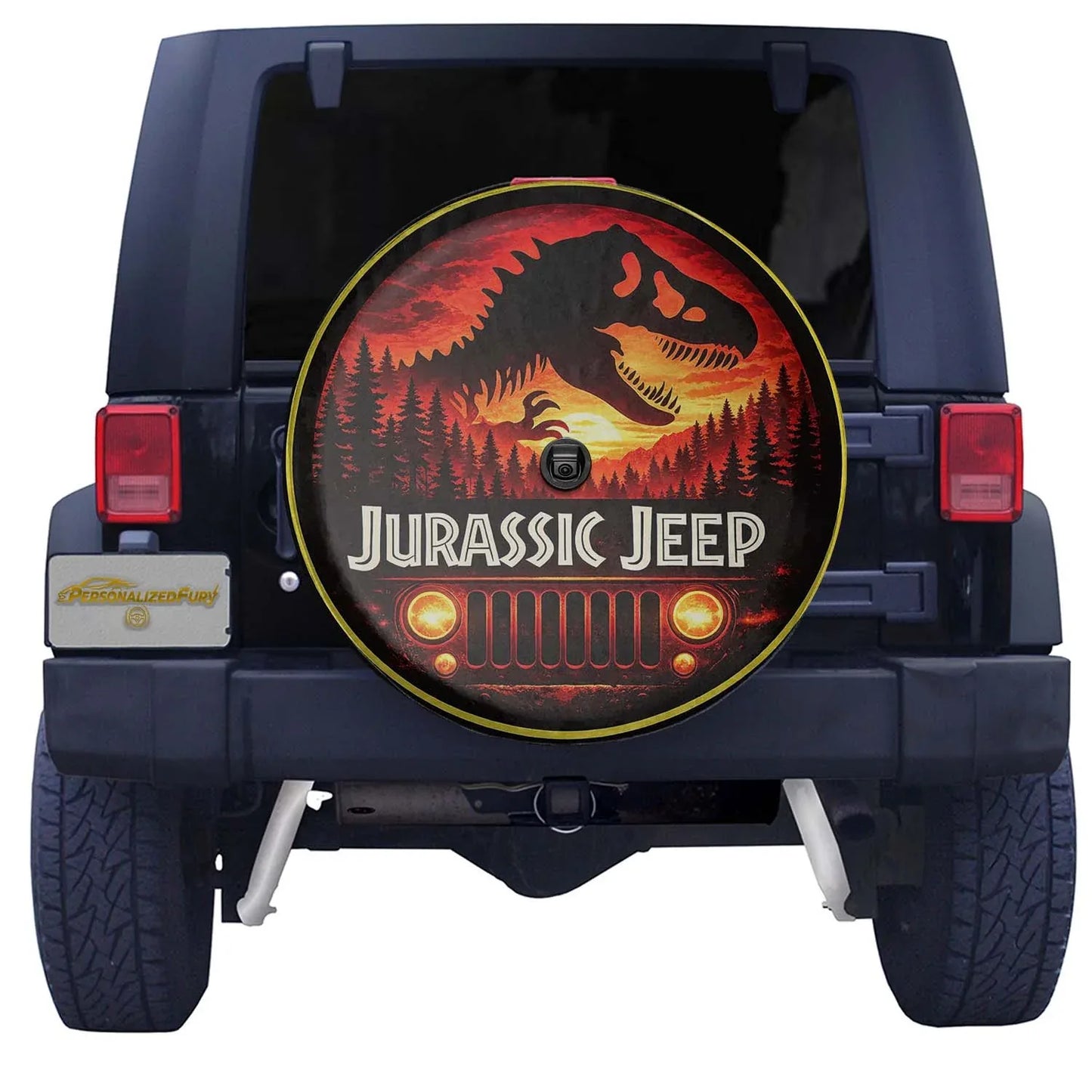 Jurassic Jeep Leather Spare Tire Cover - Dino Jeep Trail Design - Car Accessories - PersonalizedFury