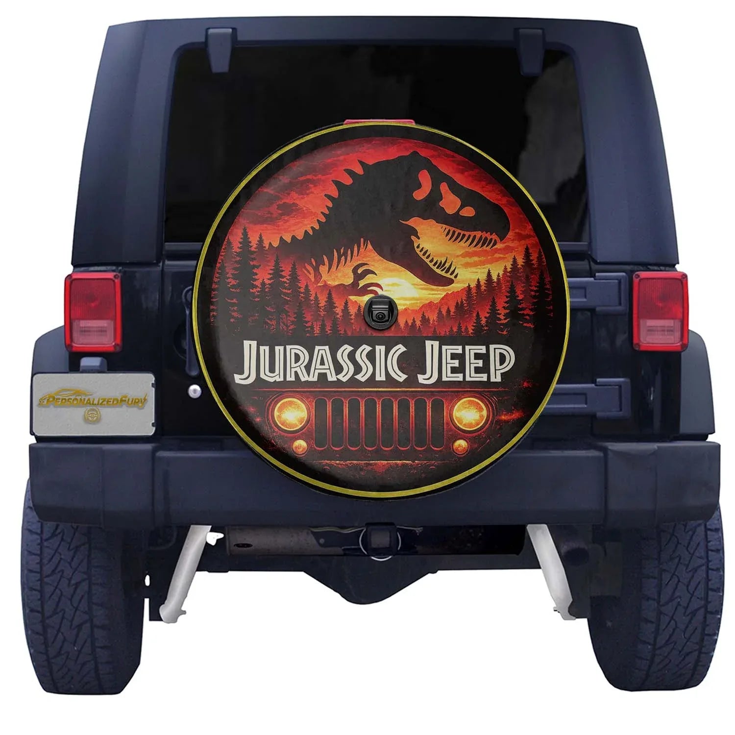 Jurassic Jeep Leather Spare Tire Cover - Dino Jeep Trail Design - Car Accessories - PersonalizedFury