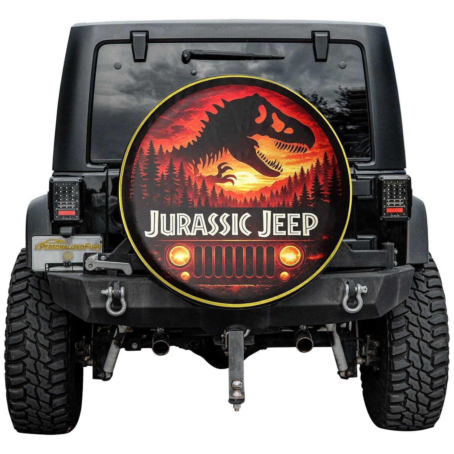 Jurassic Jeep Leather Spare Tire Cover - Dino Jeep Trail Design - Car Accessories - PersonalizedFury