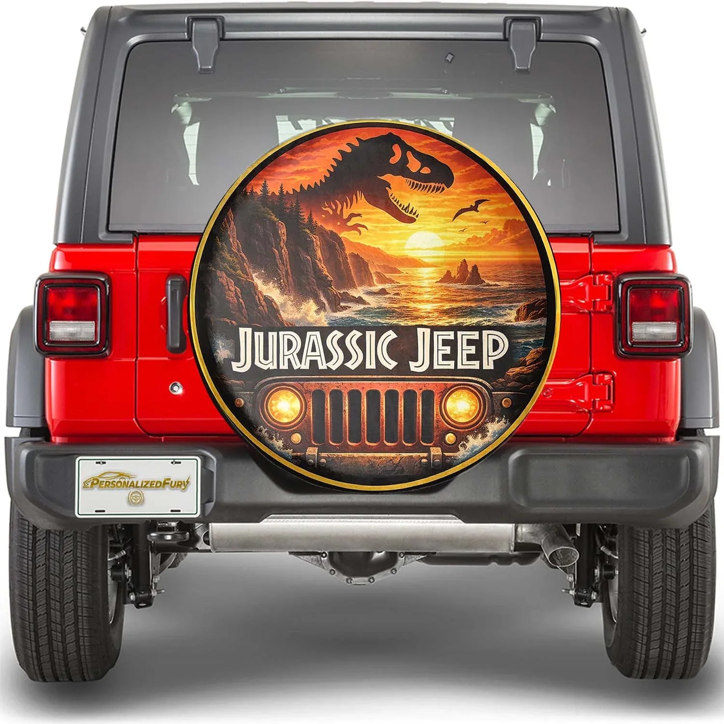 Jurassic Jeep Leather Spare Tire Cover - Dino Trail Adventure Design - Car Accessories - PersonalizedFury