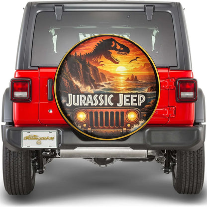 Jurassic Jeep Leather Spare Tire Cover - Dino Trail Adventure Design - Car Accessories - PersonalizedFury