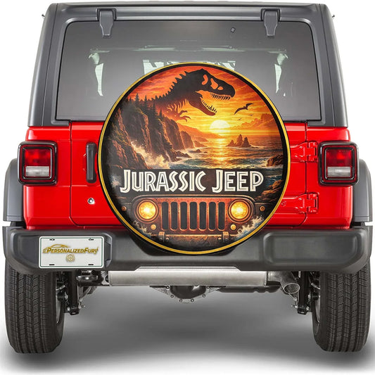 Jurassic Jeep Leather Spare Tire Cover - Dino Trail Adventure Design - Car Accessories - PersonalizedFury