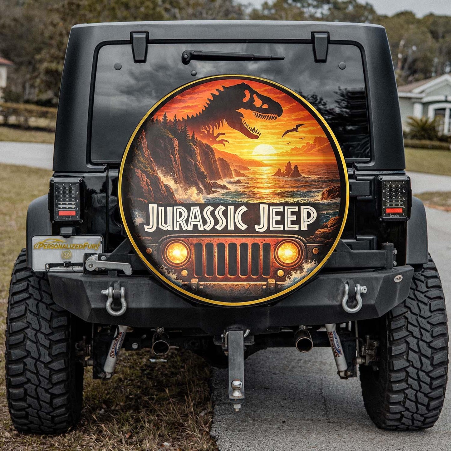 Jurassic Jeep Leather Spare Tire Cover - Dino Trail Adventure Design - Car Accessories - PersonalizedFury