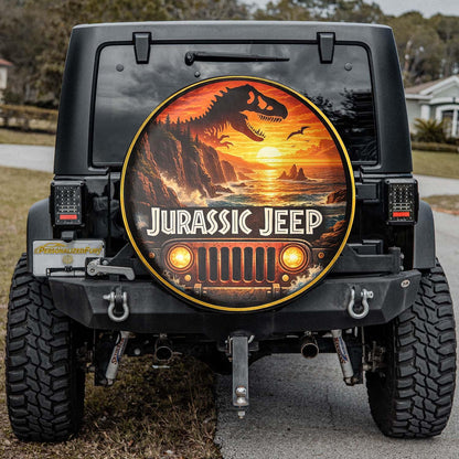 Jurassic Jeep Leather Spare Tire Cover - Dino Trail Adventure Design - Car Accessories - PersonalizedFury