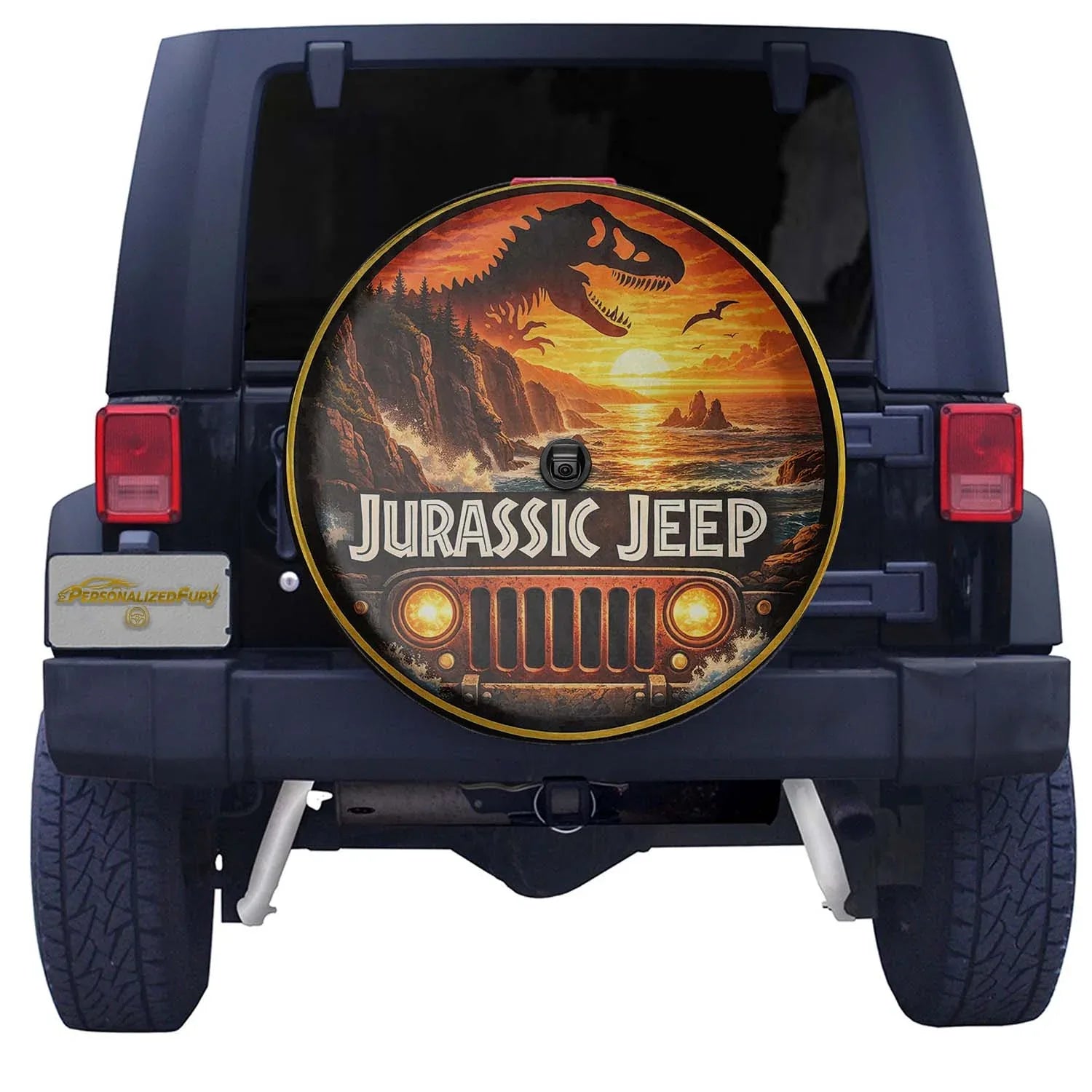 Jurassic Jeep Leather Spare Tire Cover - Dino Trail Adventure Design - Car Accessories - PersonalizedFury