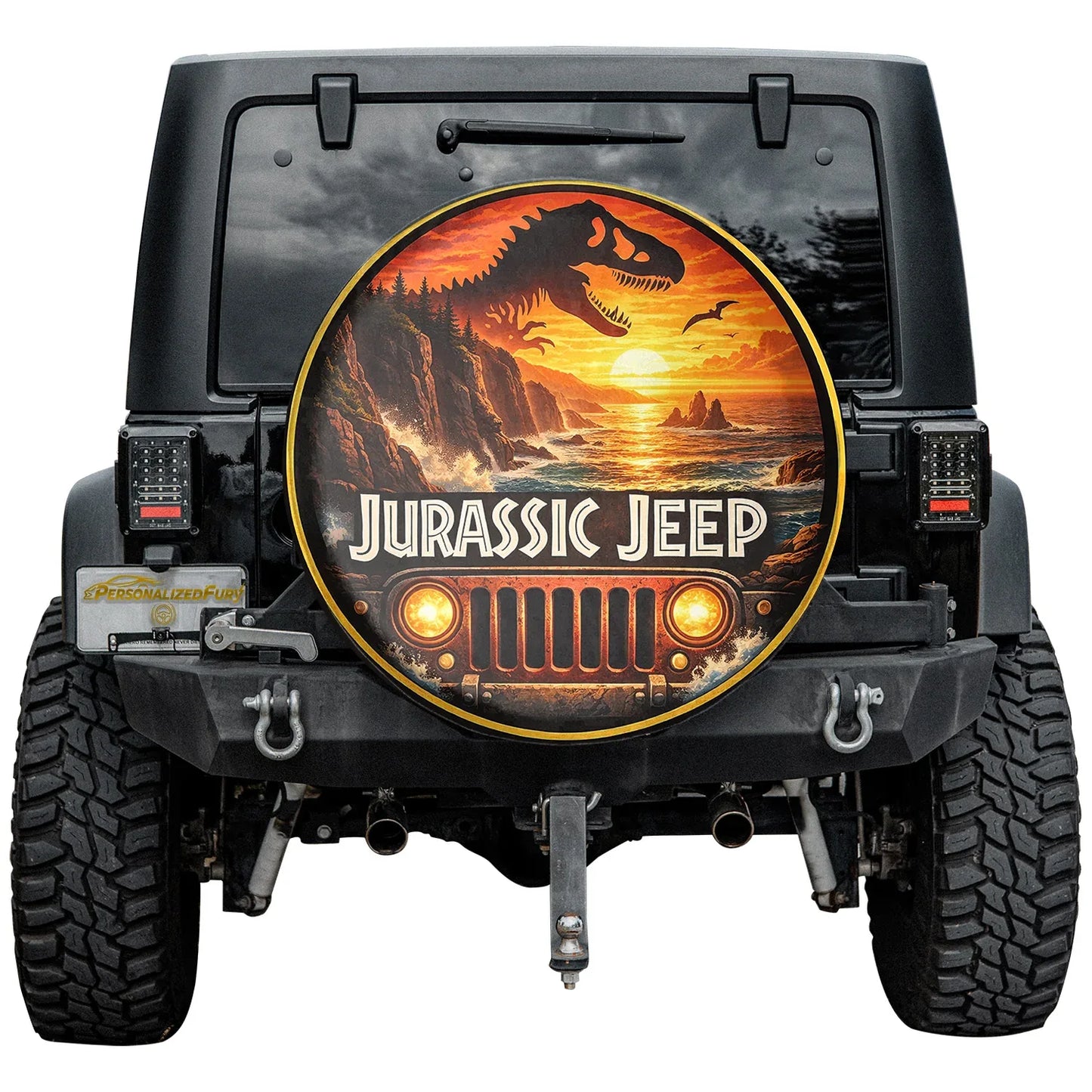 Jurassic Jeep Leather Spare Tire Cover - Dino Trail Adventure Design - Car Accessories - PersonalizedFury