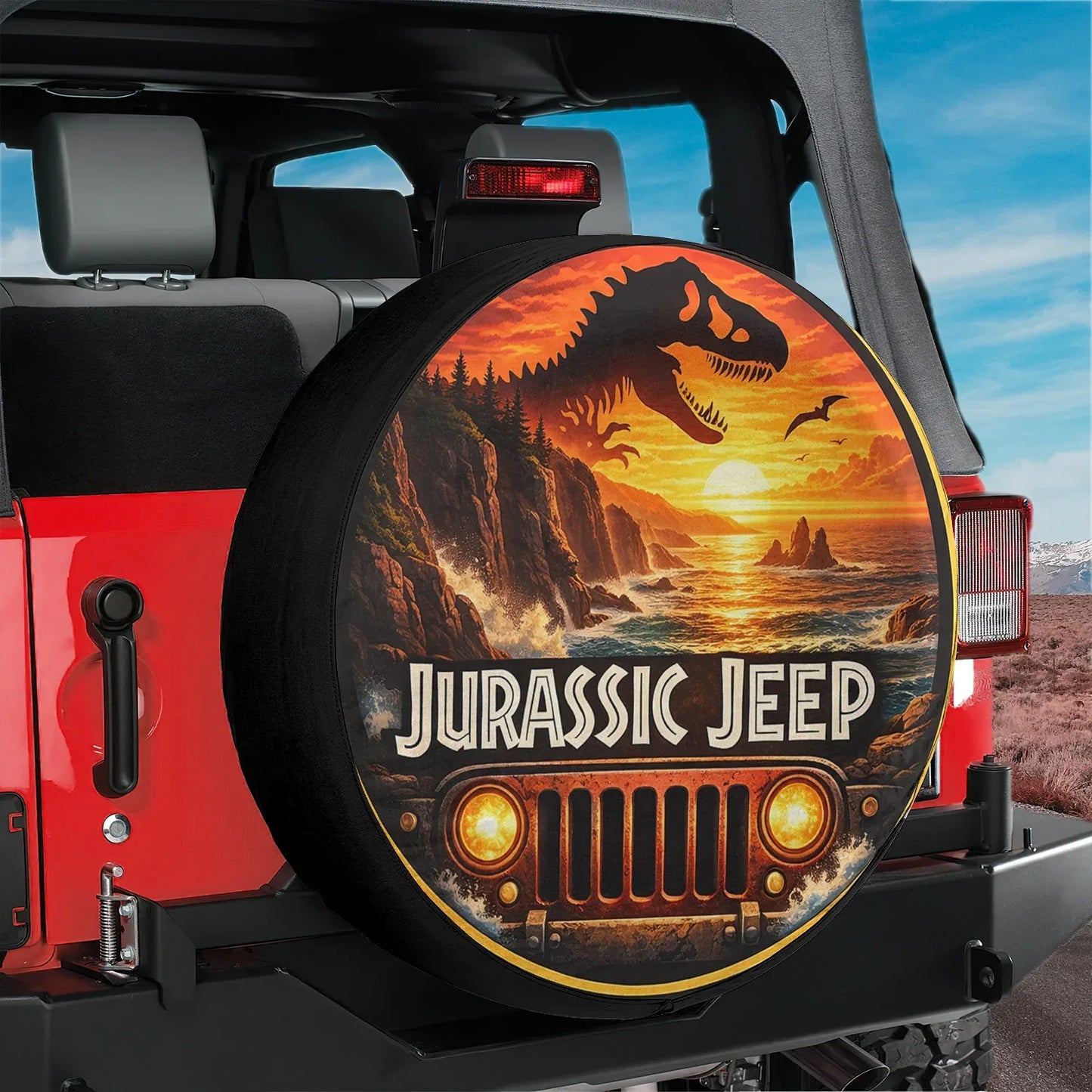 Jurassic Jeep Leather Spare Tire Cover - Dino Trail Adventure Design - Car Accessories - PersonalizedFury