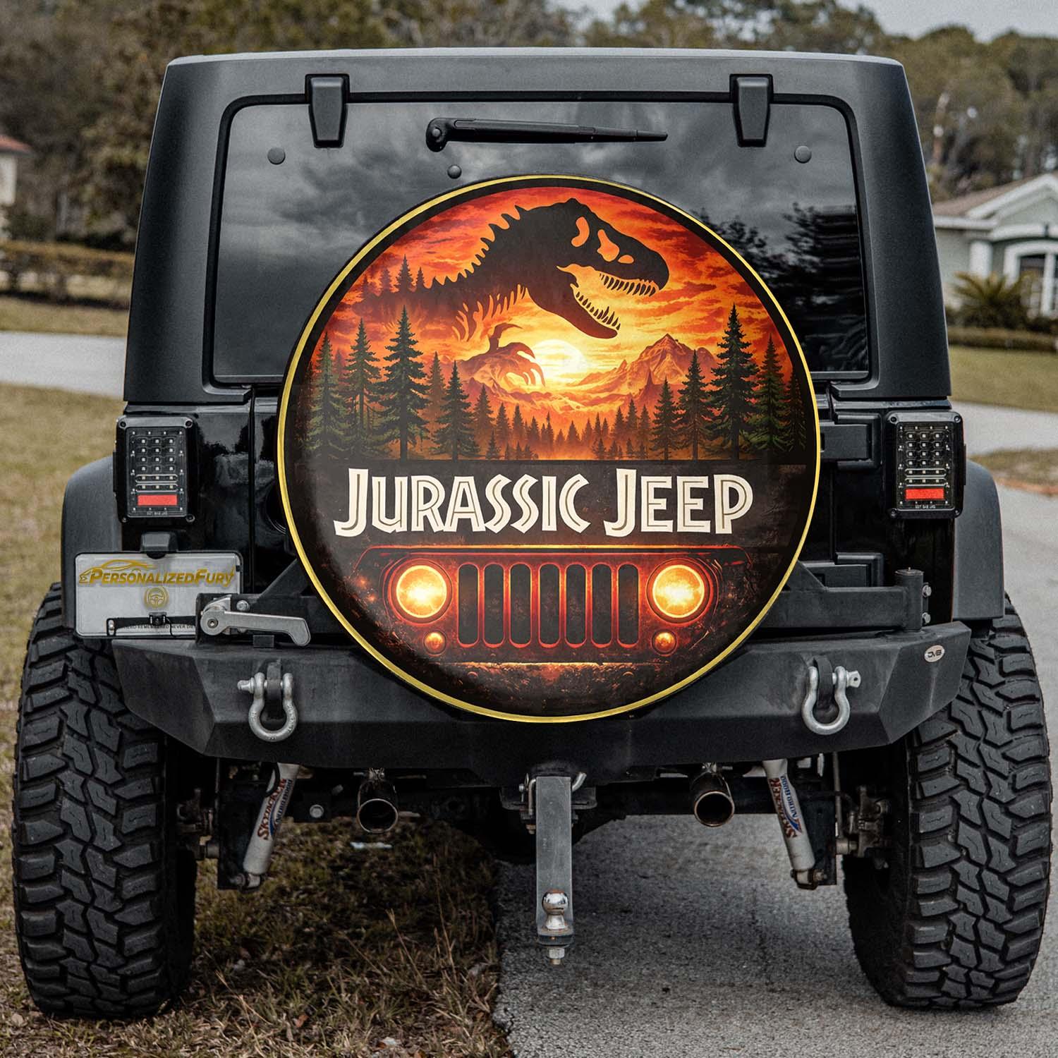 Jurassic Jeep Leather Spare Tire Cover - Jurassic Outdoor Adventure Design - Car Accessories - PersonalizedFury