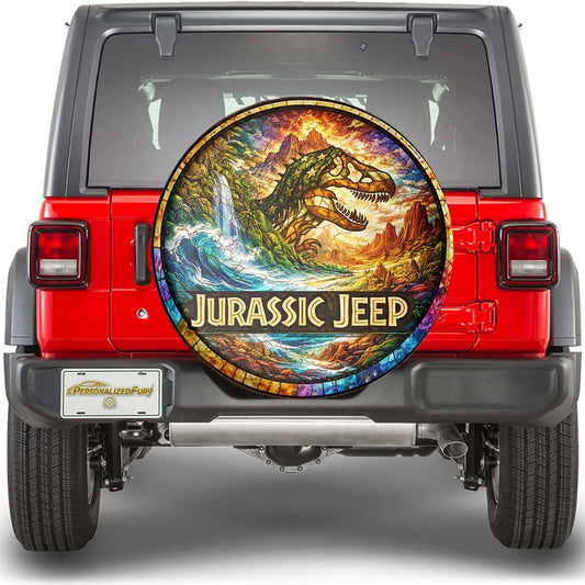 Jurassic Jeep Leather Spare Tire Cover - Rugged Dino Adventure Design - Car Accessories - PersonalizedFury