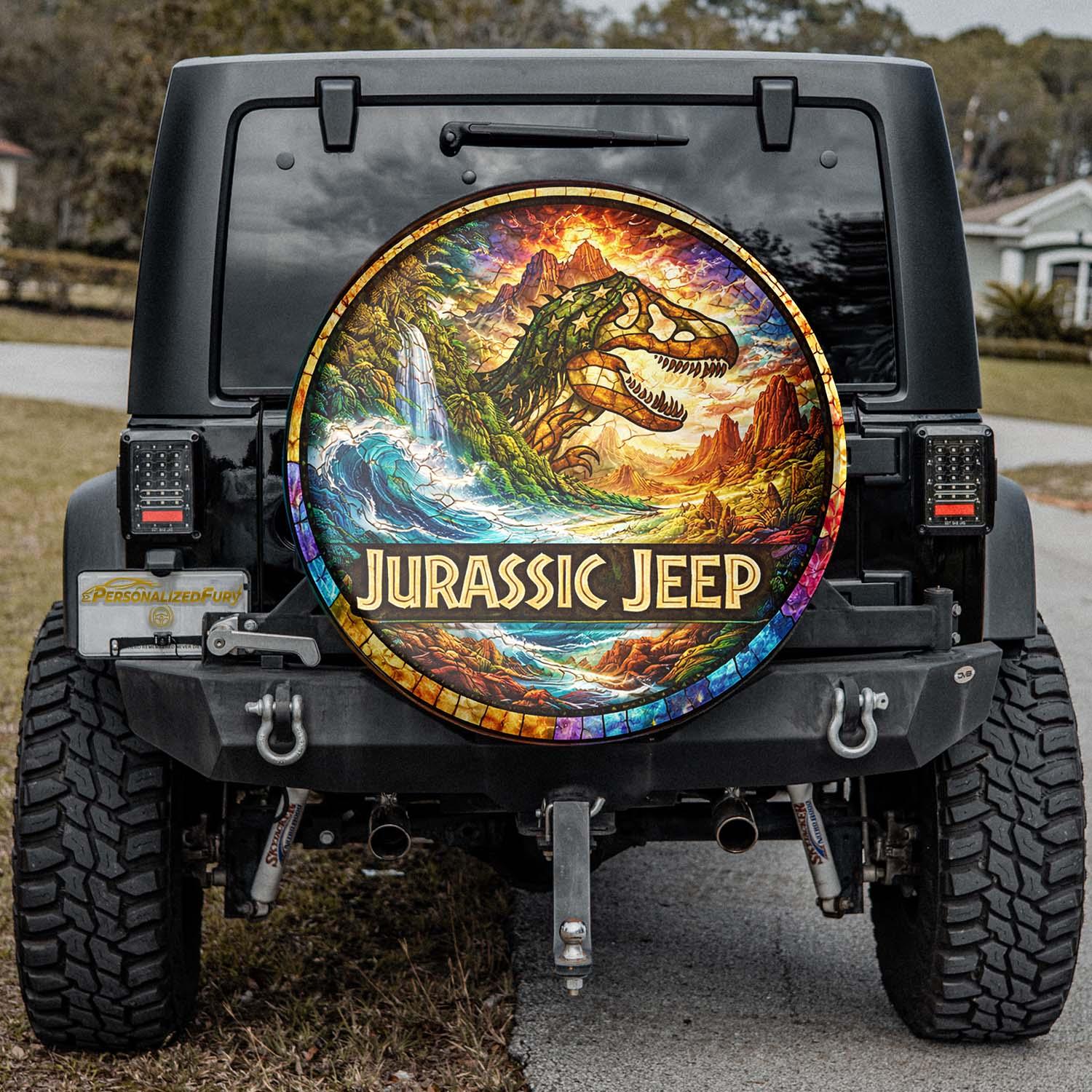 Jurassic Jeep Leather Spare Tire Cover - Rugged Dino Adventure Design - Car Accessories - PersonalizedFury