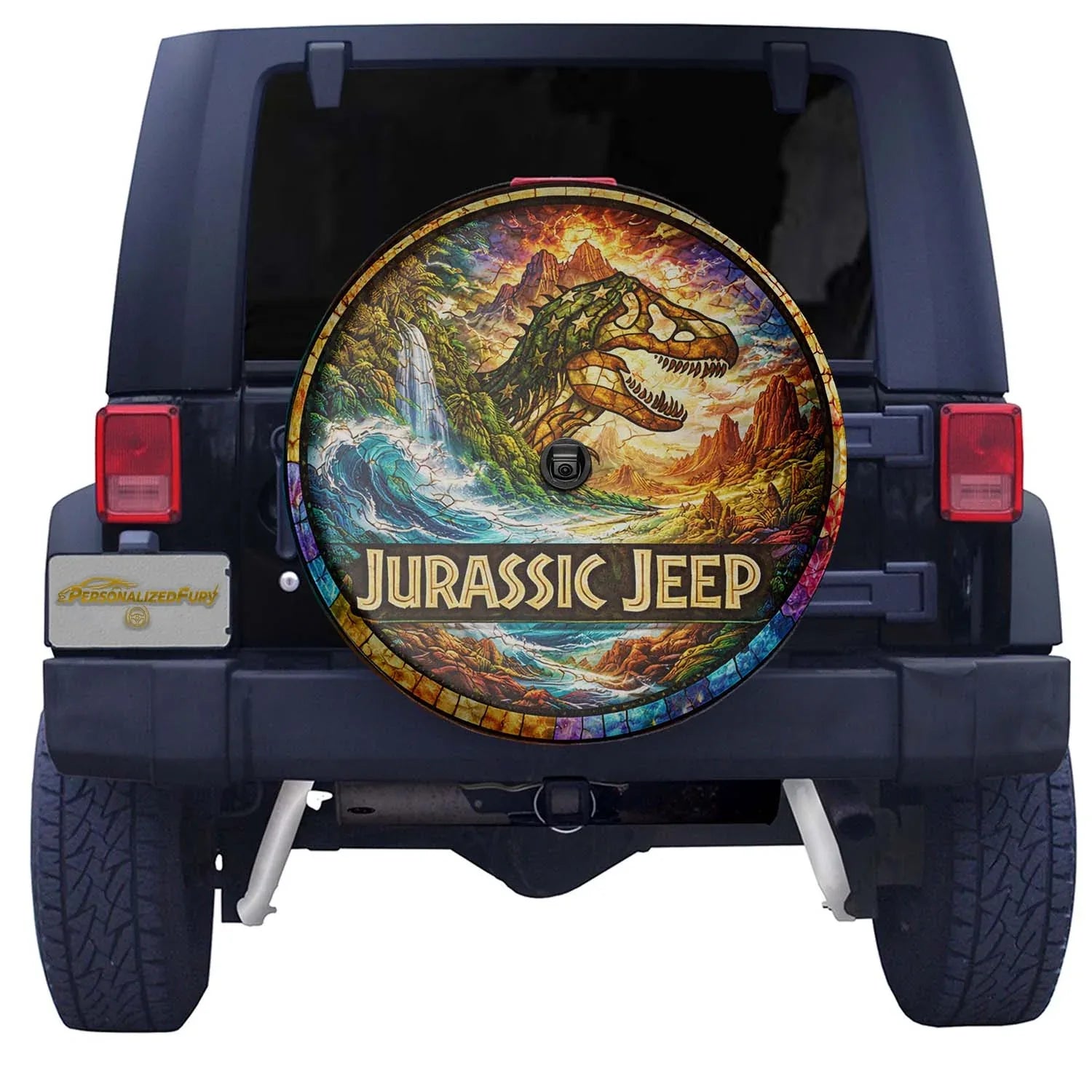 Jurassic Jeep Leather Spare Tire Cover - Rugged Dino Adventure Design - Car Accessories - PersonalizedFury