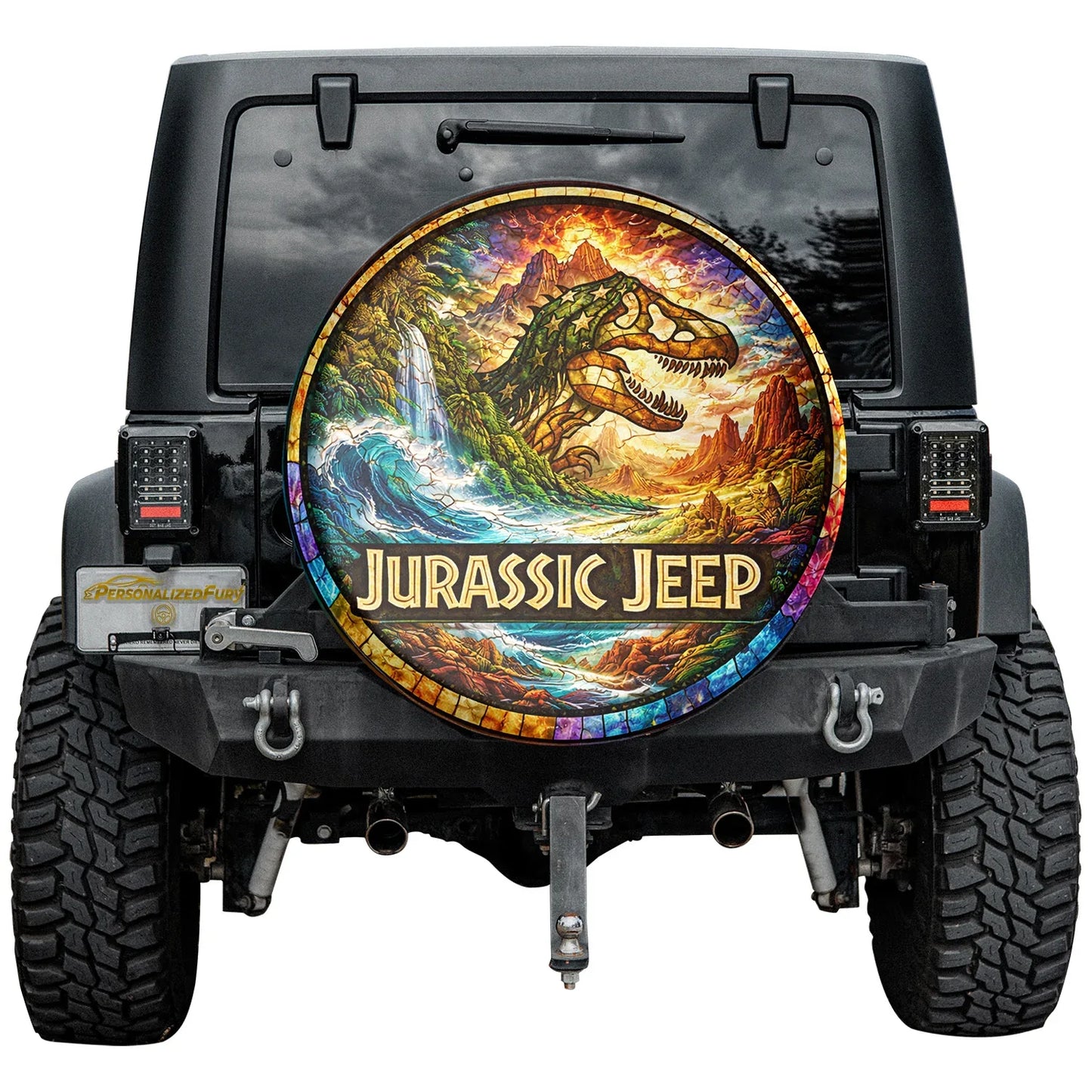 Jurassic Jeep Leather Spare Tire Cover - Rugged Dino Adventure Design - Car Accessories - PersonalizedFury