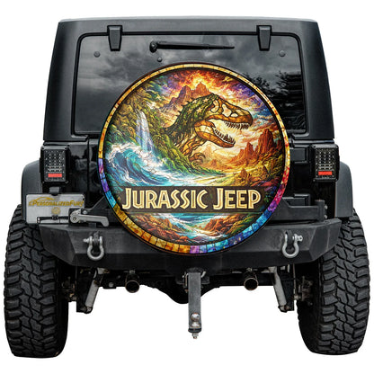 Jurassic Jeep Leather Spare Tire Cover - Rugged Dino Adventure Design - Car Accessories - PersonalizedFury