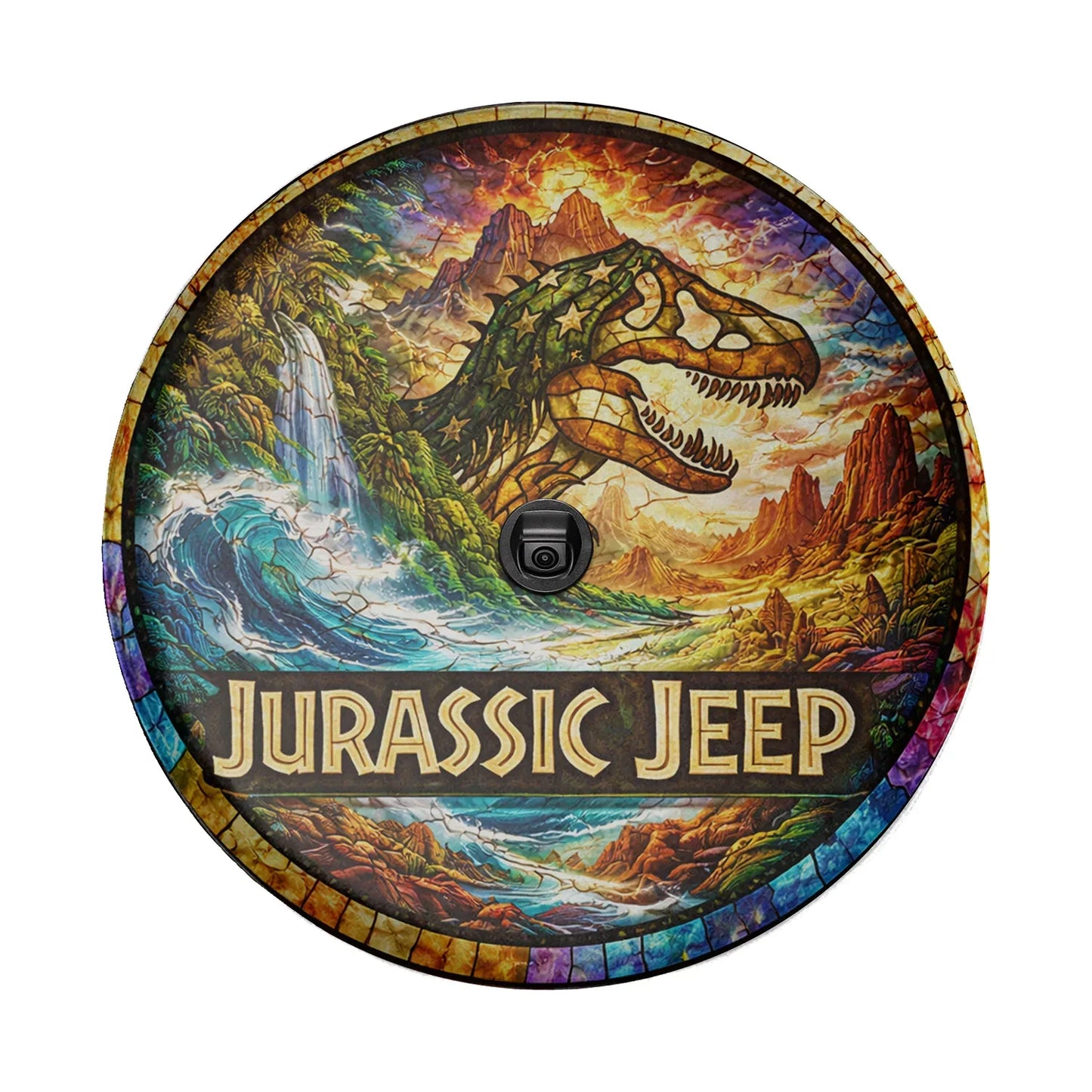 Jurassic Jeep Leather Spare Tire Cover - Rugged Dino Adventure Design - Car Accessories - PersonalizedFury