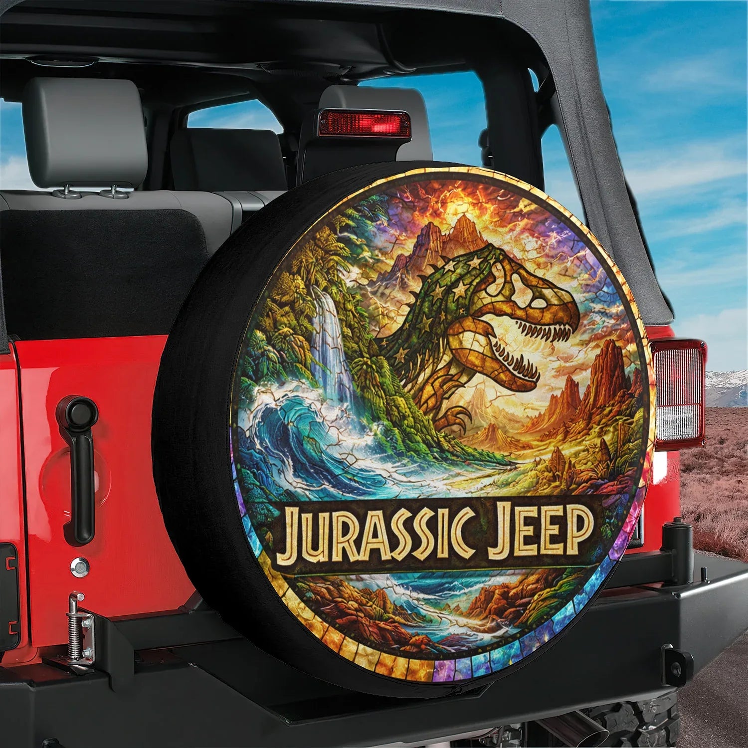 Jurassic Jeep Leather Spare Tire Cover - Rugged Dino Adventure Design - Car Accessories - PersonalizedFury