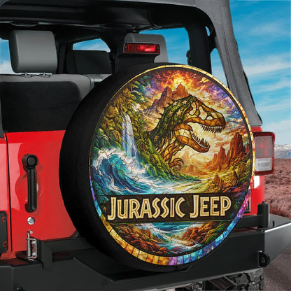 Jurassic Jeep Leather Spare Tire Cover - Rugged Dino Adventure Design - Car Accessories - PersonalizedFury
