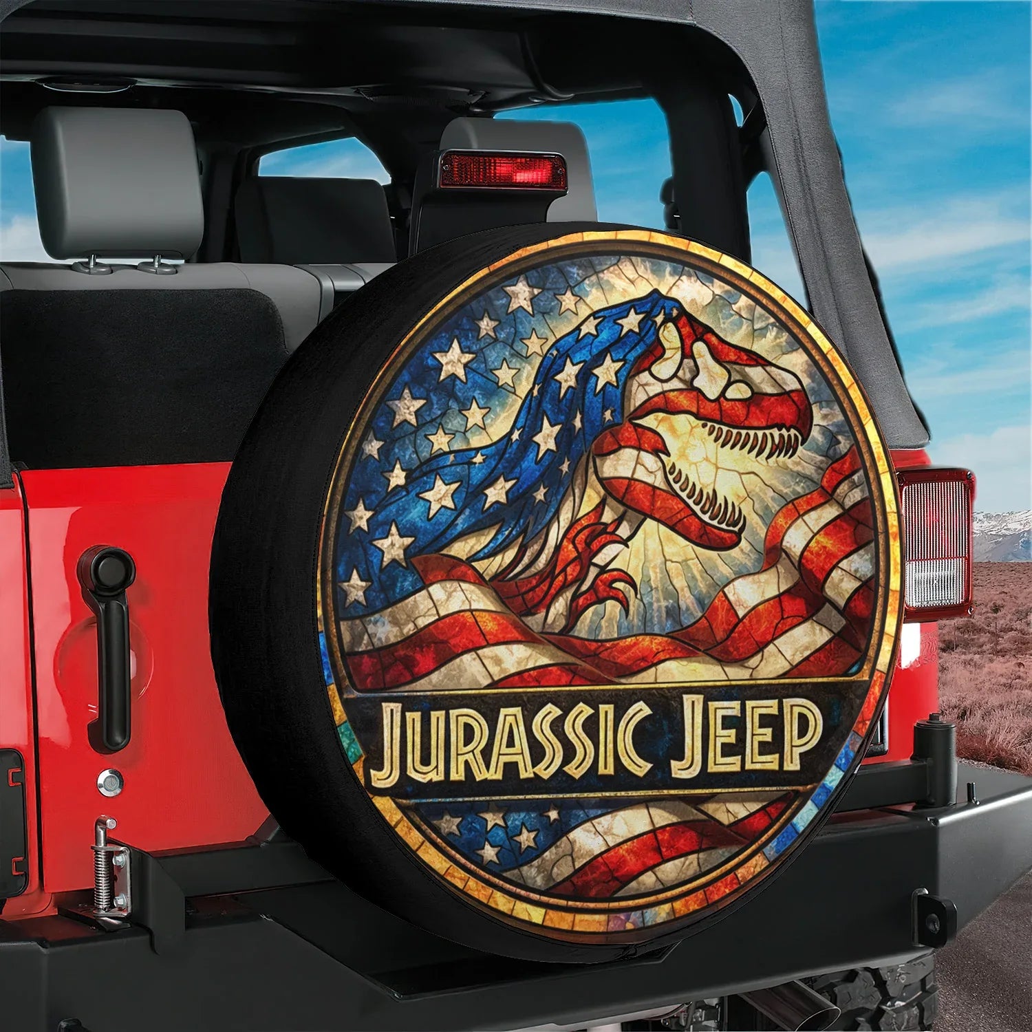 Jurassic Park Jeep Wheel Cover – Leather Car Usa Flag Accessories - PersonalizedFury