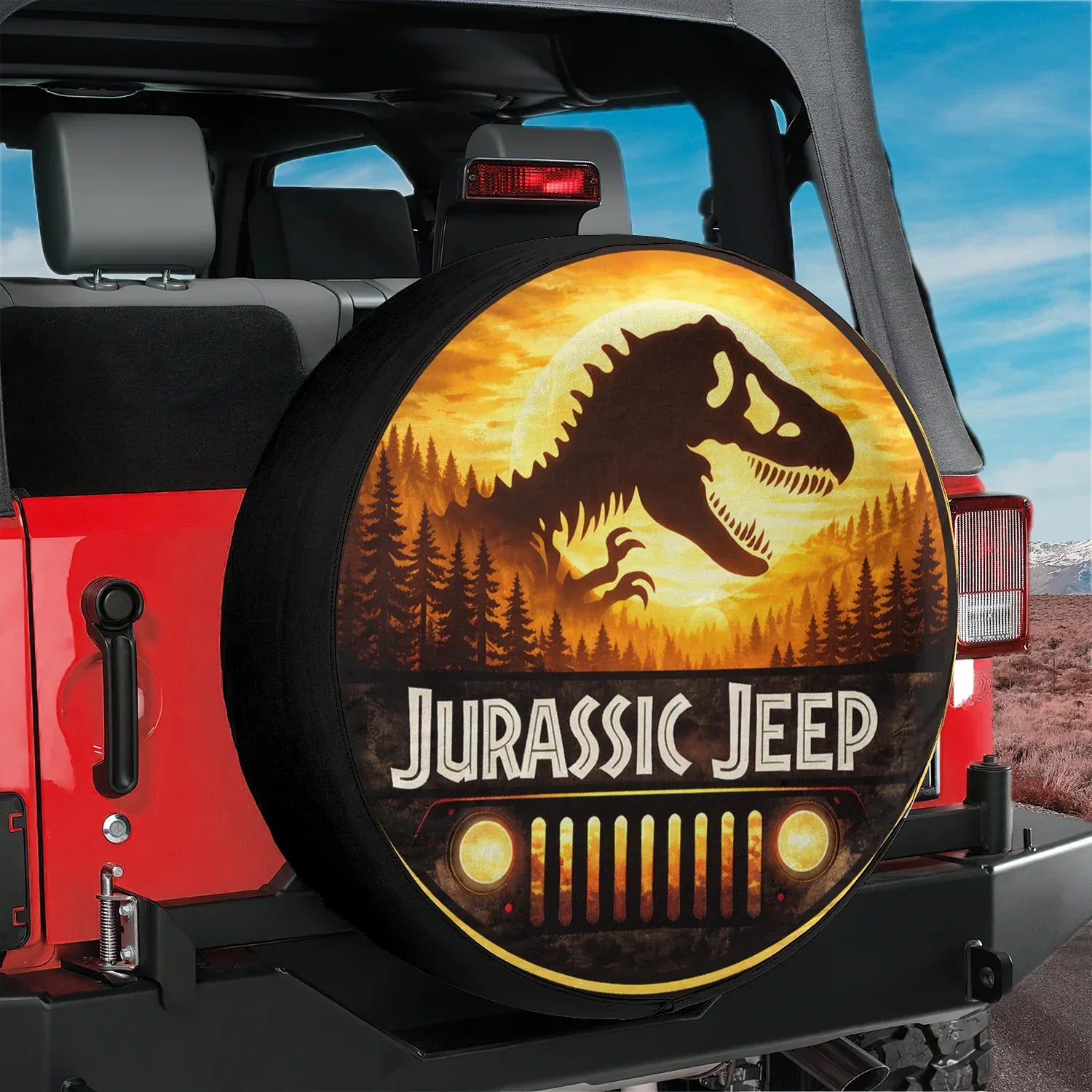 Jurassic Park Leather Spare Tire Cover for Jeep Wheel - PersonalizedFury