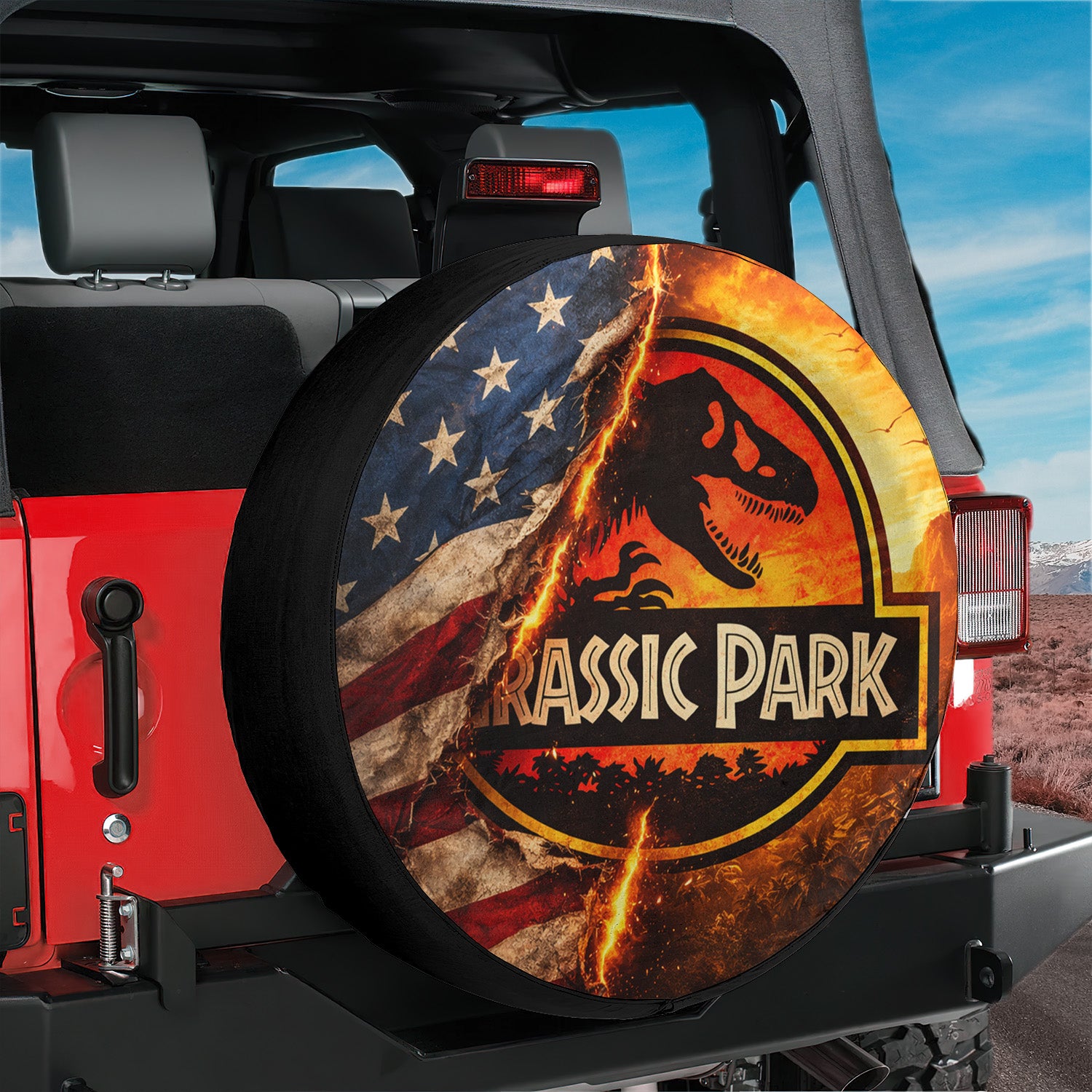 Jurassic Park Usa Flag Wheel Cover – Durable Leather Spare Tire Cover - Image 1