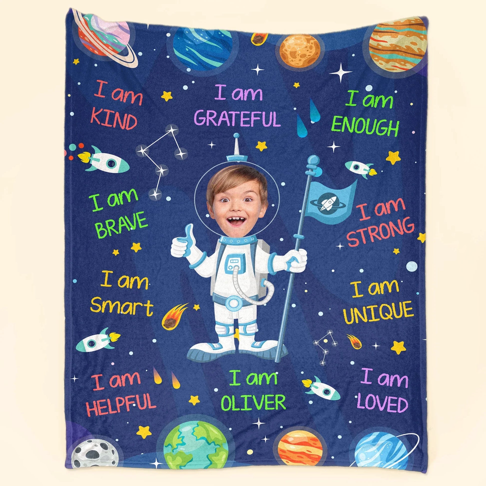 Kid Affirmations I Am Kind Smart Loved Astronaut - Personalized Photo Blanket