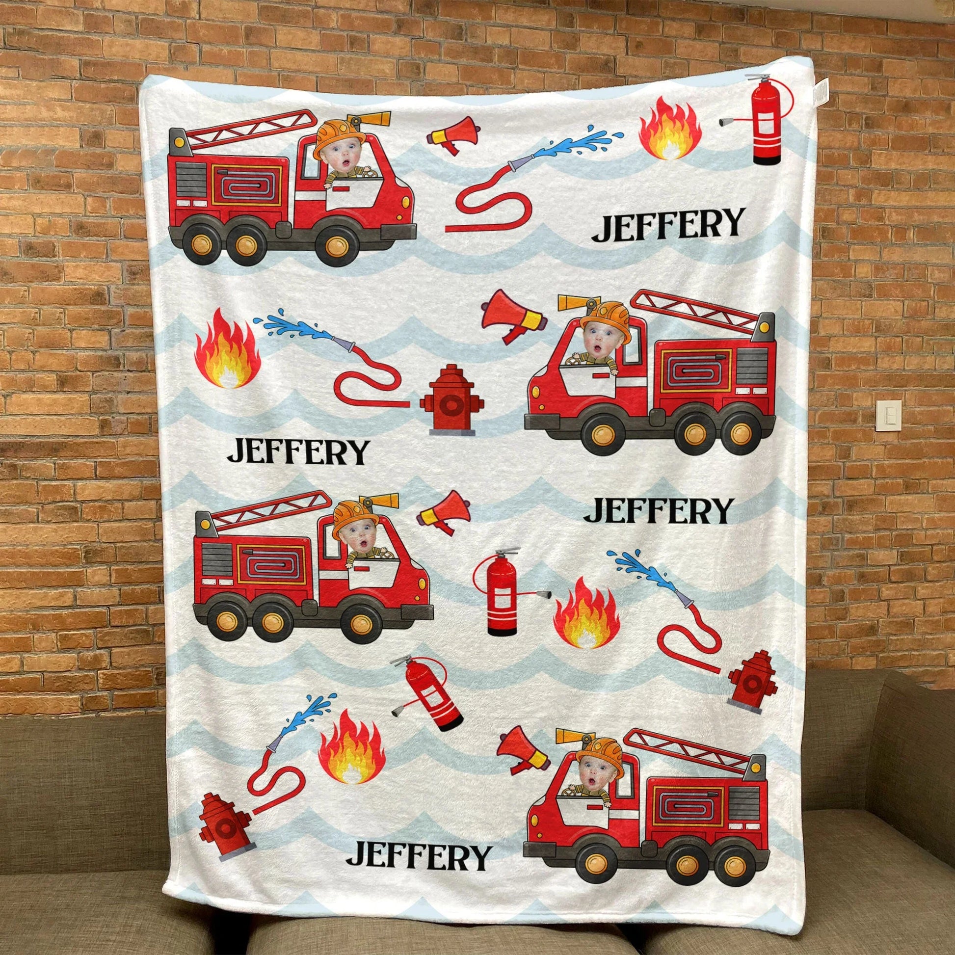 Kid Riding Fire Truck - Personalized Photo Blanket