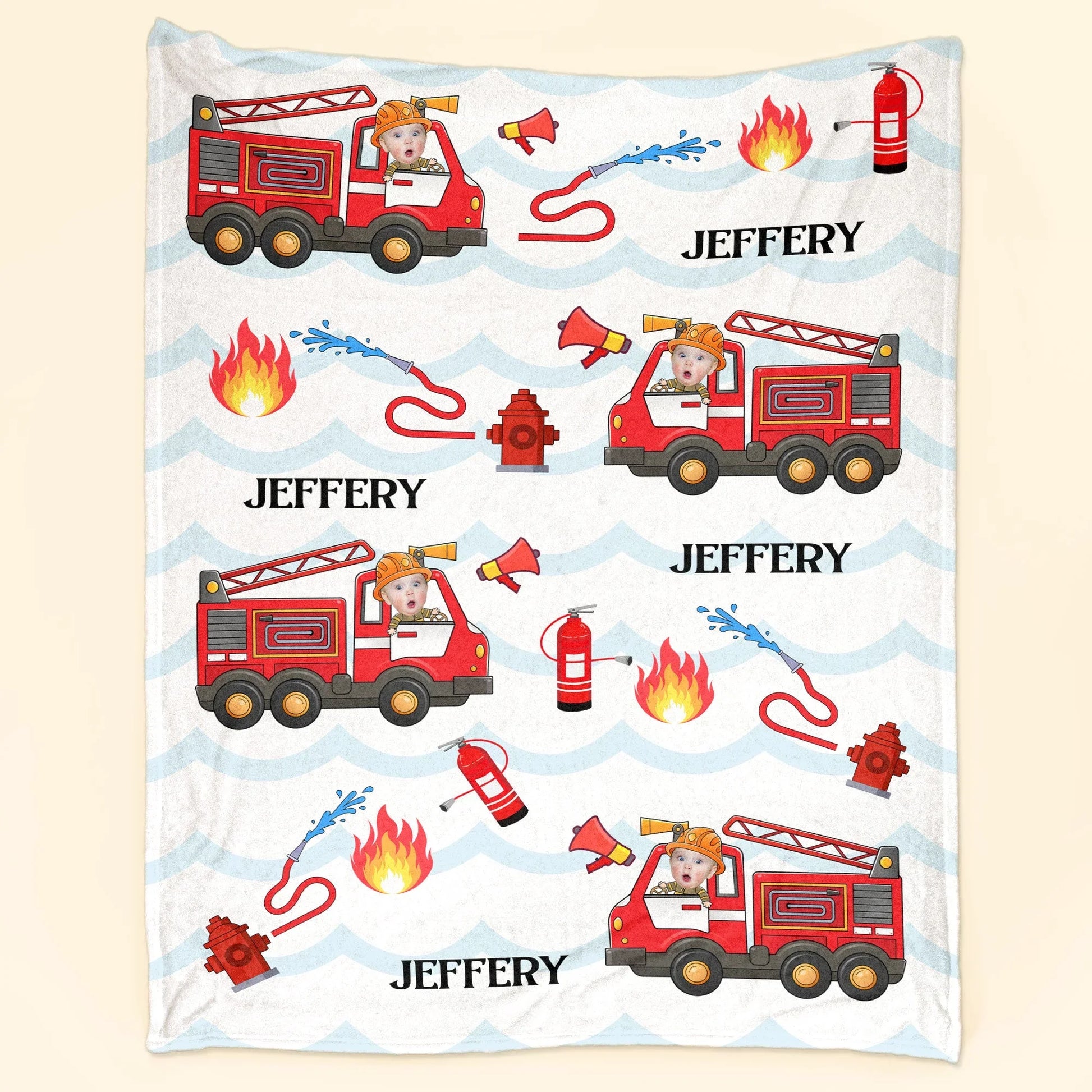 Kid Riding Fire Truck - Personalized Photo Blanket