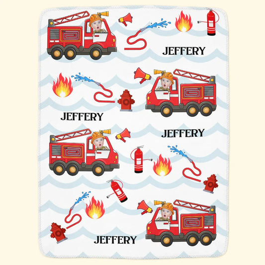 Kid Riding Fire Truck - Personalized Photo Blanket