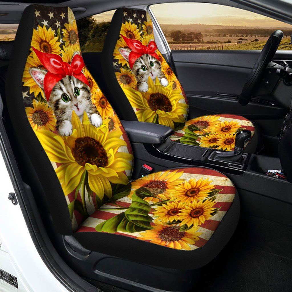 Kitty Cat Car Seat Covers Custom Sunflower US Flag Car Accessories