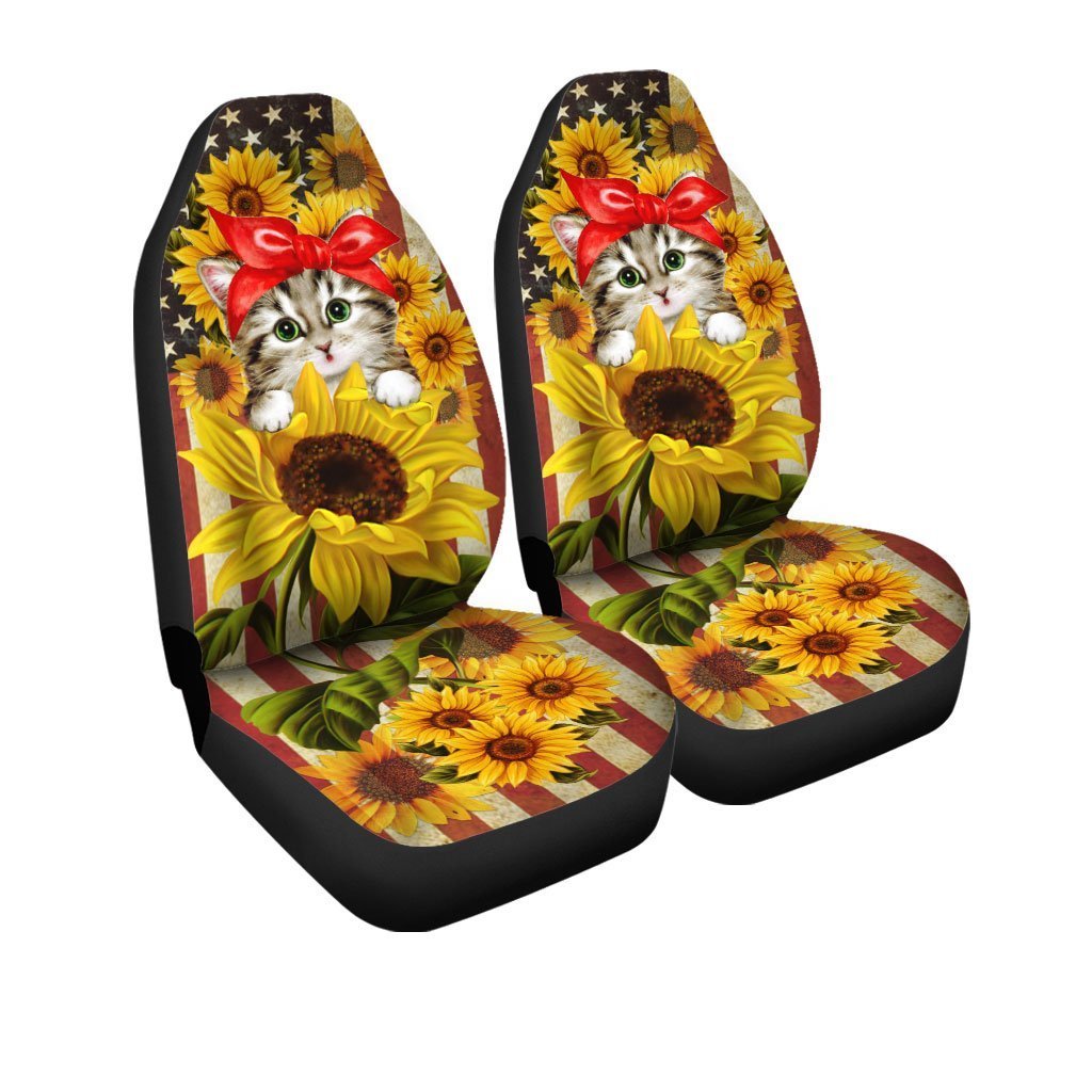 Kitty Cat Car Seat Covers Custom Sunflower US Flag Car Accessories