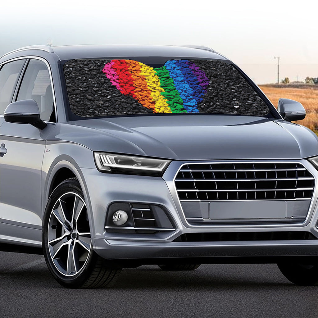 LGBT Pride Rainbow Heart Stones Print Car Windshield Sun Shade