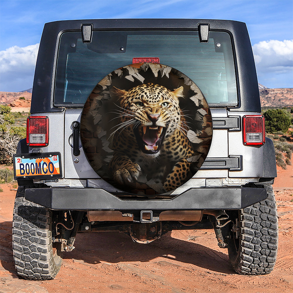 Leopard Attacking Through A Brick Wall In The Style Car Spare Tire Cover
