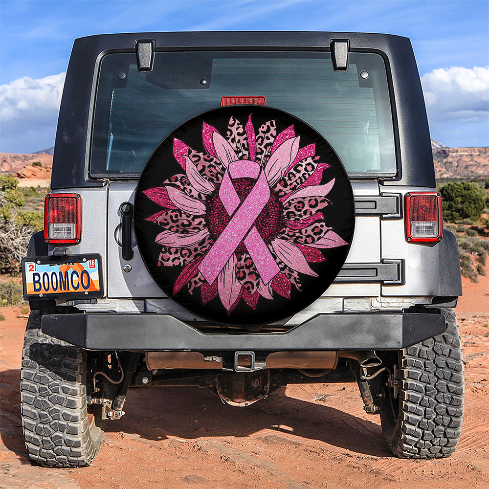 Leopard Sunflower Ribbon Pink Awareness Car Spare Tire Cover