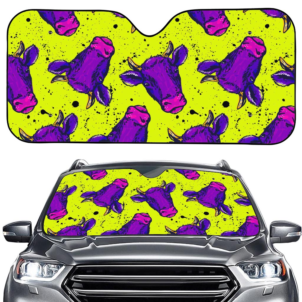 Lime Green And Purple Cow Pattern Print Car Windshield Sun Shade