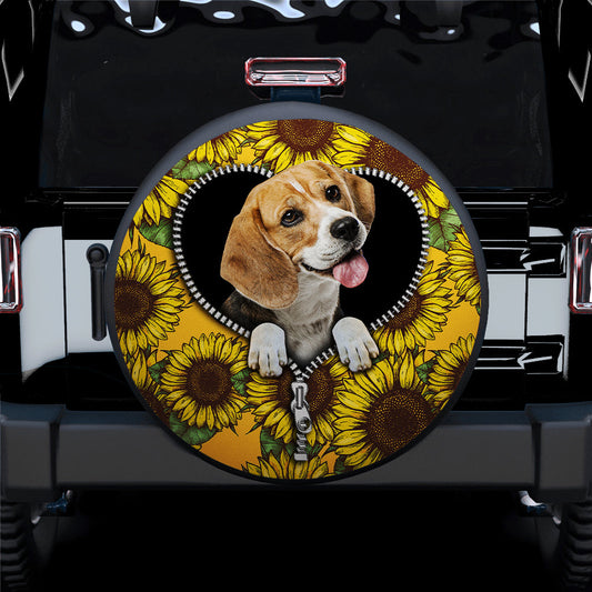 Lovely Sunflower Zipper Beagle Car Spare Tire Cover