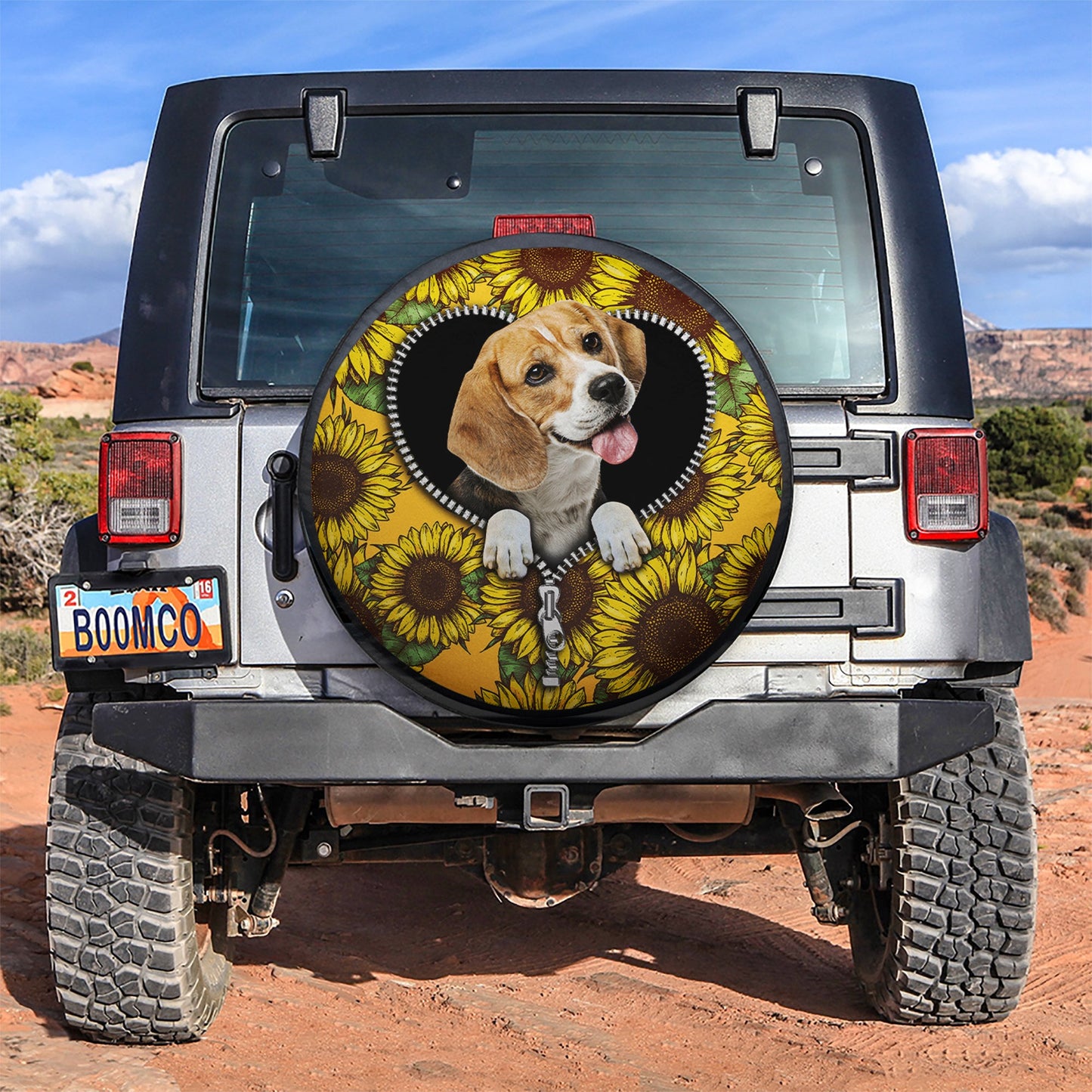 Lovely Sunflower Zipper Beagle Car Spare Tire Cover