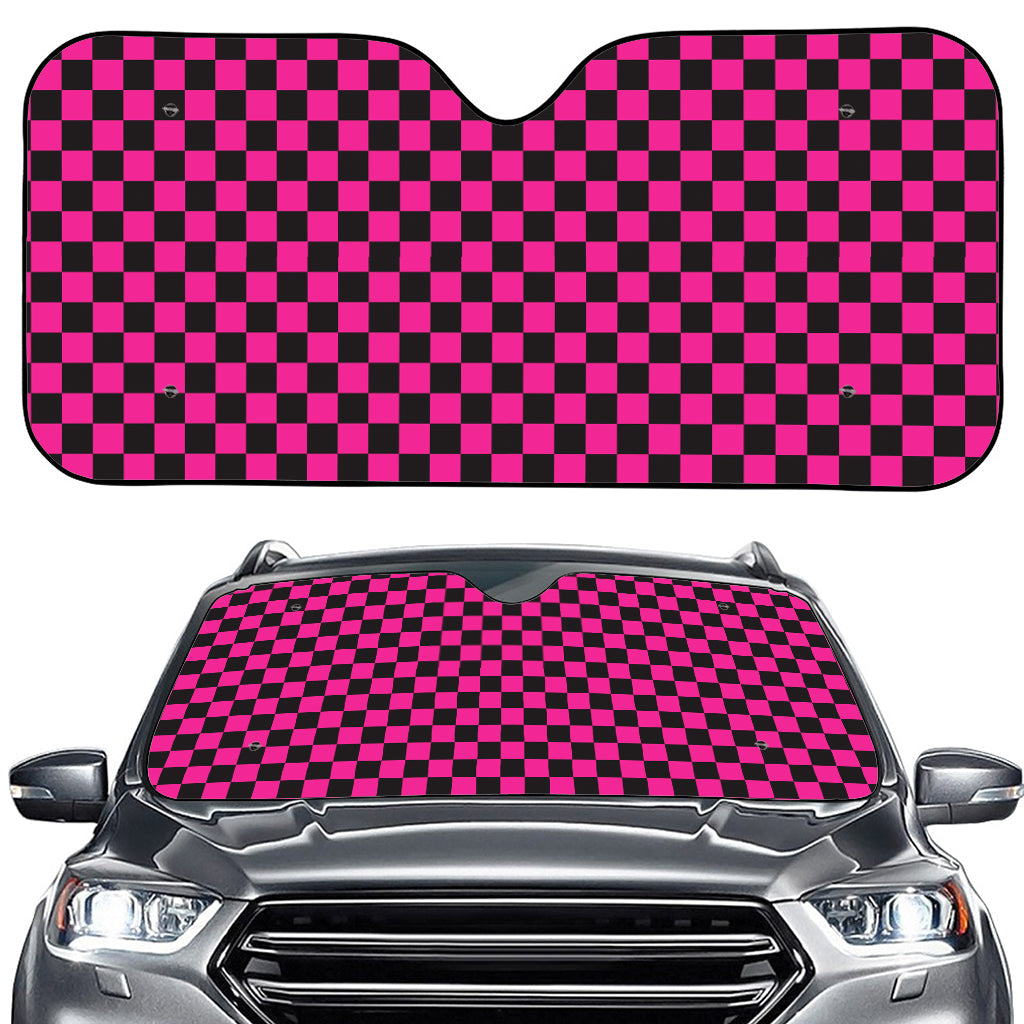 Magenta Pink And Black Checkered Print Car Windshield Sun Shade